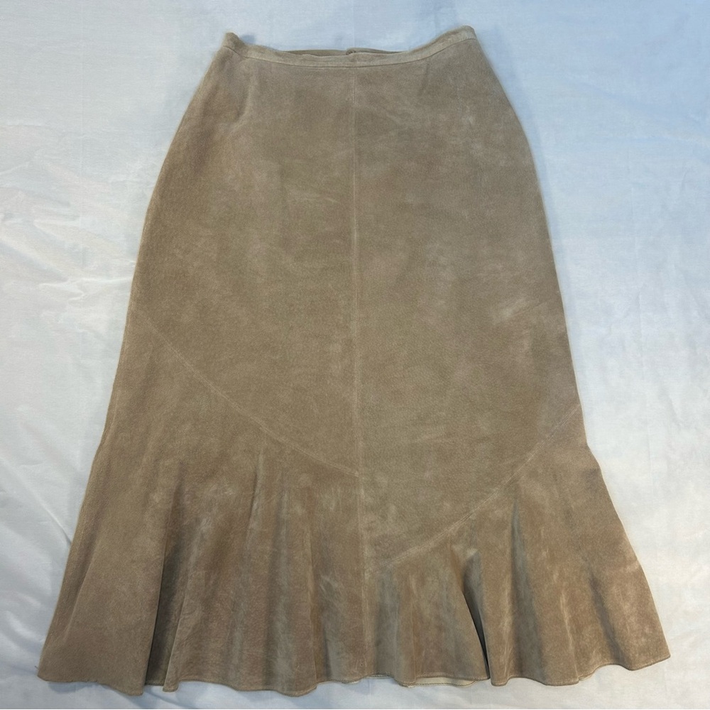 Chicos Women Sz 1  High Waist Suede Leather Midi Skirt Washable Boho Flared Zip